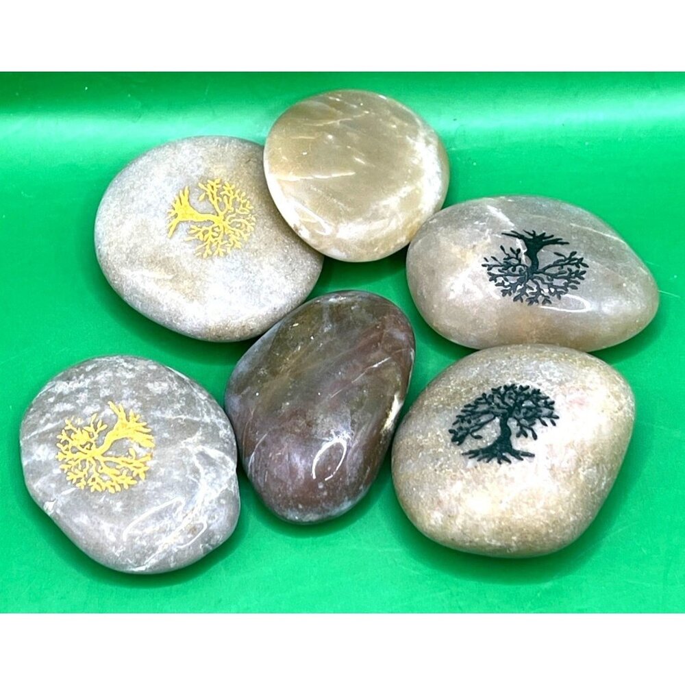 Mixed Lot Polished River Stones Crafting Décor Tree of Life Engraved Rock Set